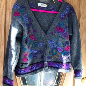 L.L. Bean wool sweater is gray with flowers embroidered on- Button up
